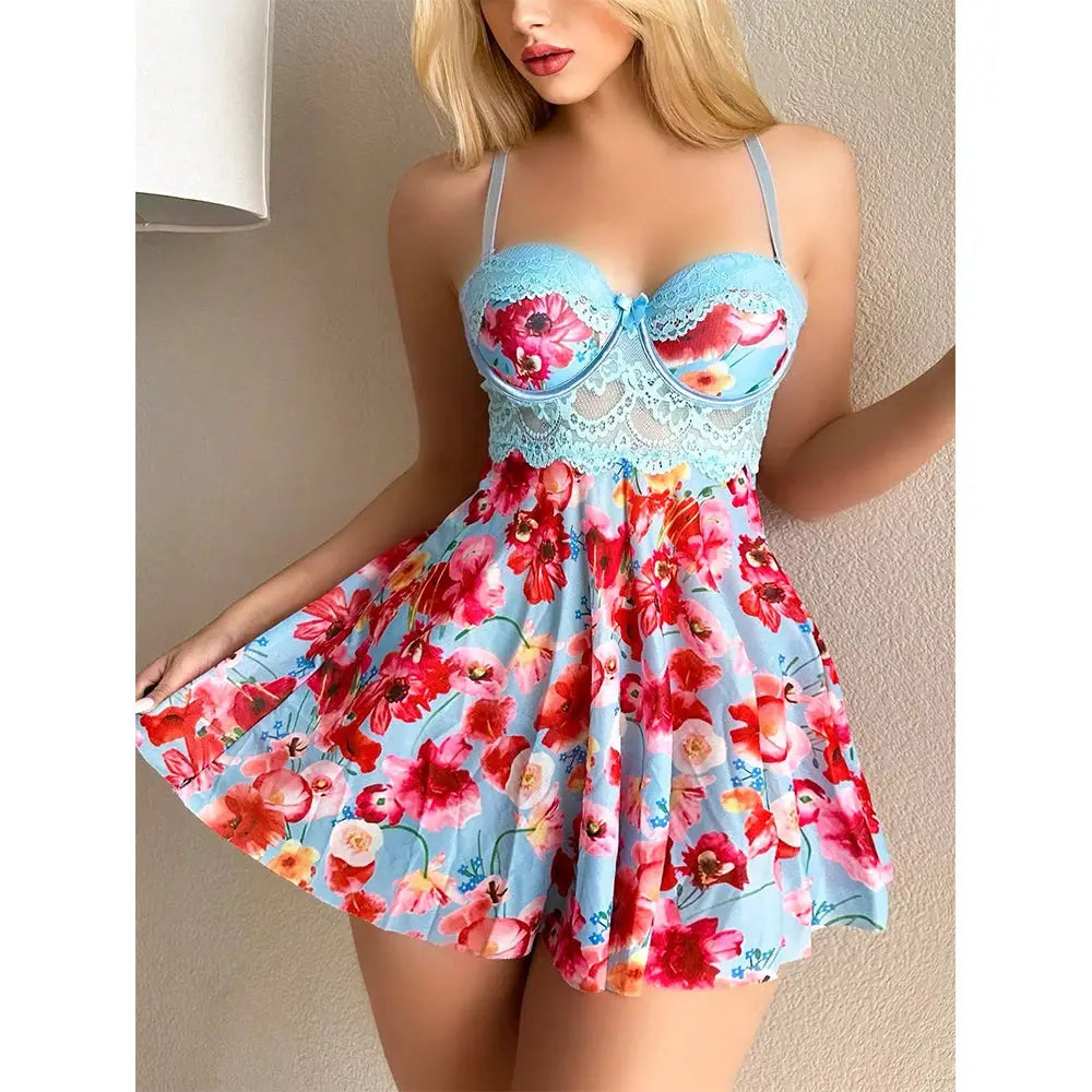 Lace Floral Babydoll Nightgown Set for Women Underwire Lingerie Dress with Thong