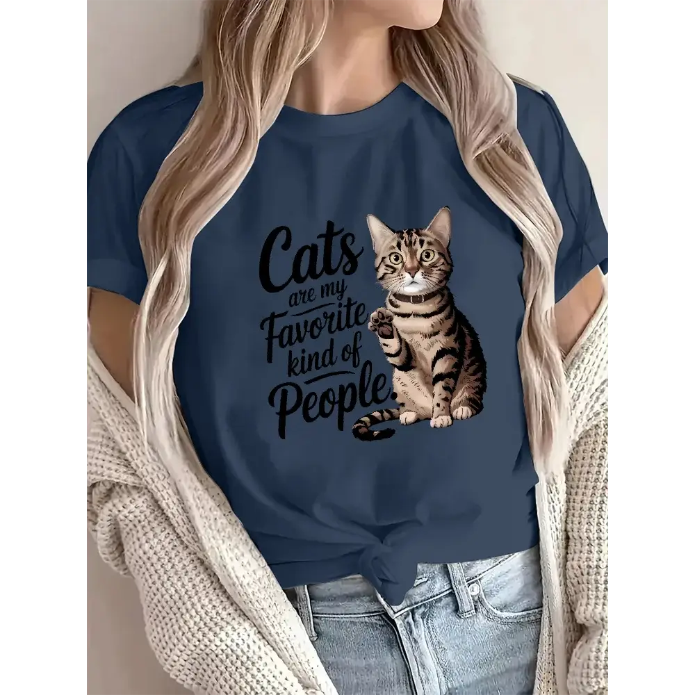 Women's Cotton T-Shirt with Cute Cat Print O-Neck Short Sleeve Soft & Casual Cat Lover Tee