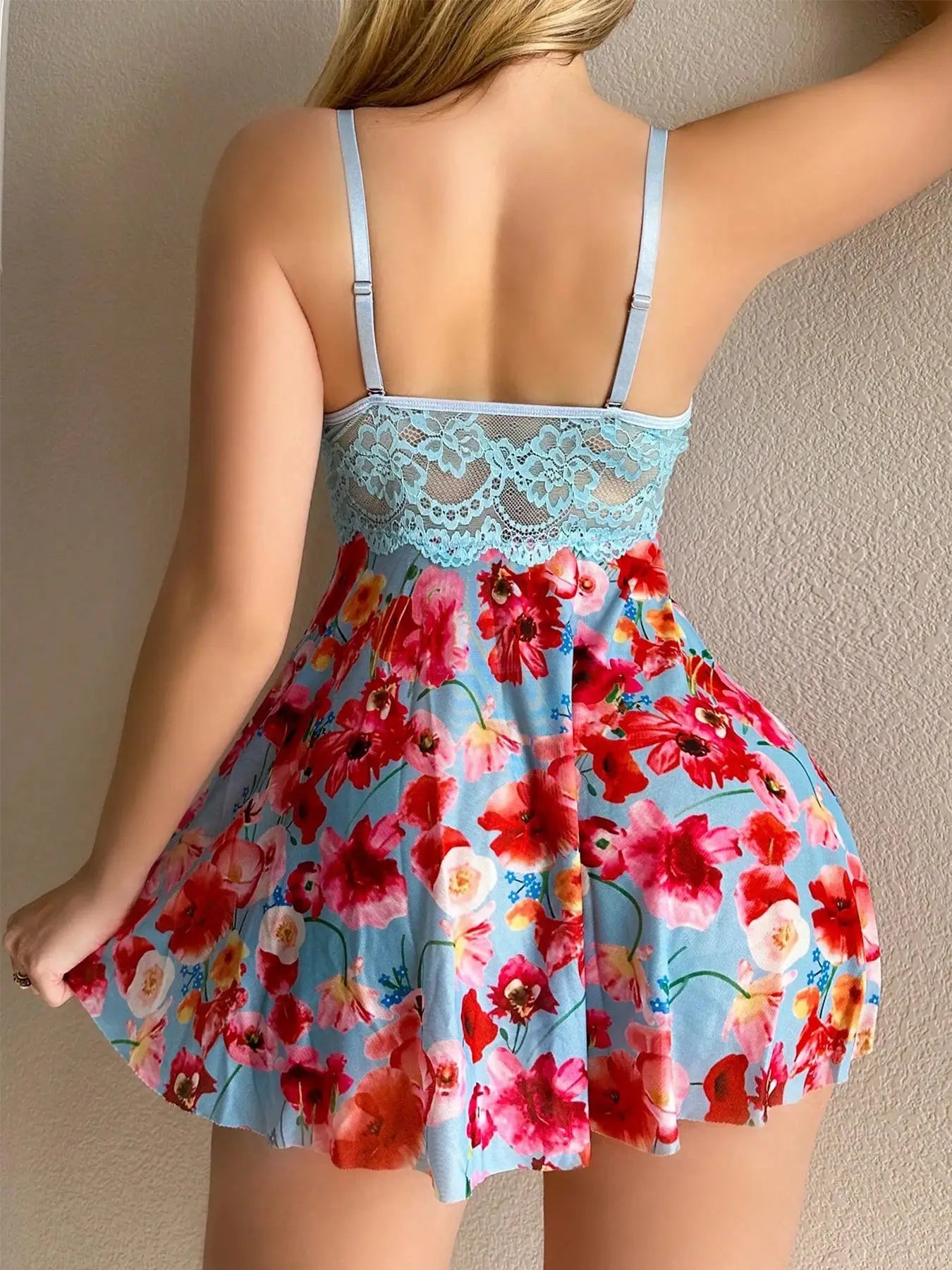 Lace Floral Babydoll Nightgown Set for Women Underwire Lingerie Dress with Thong