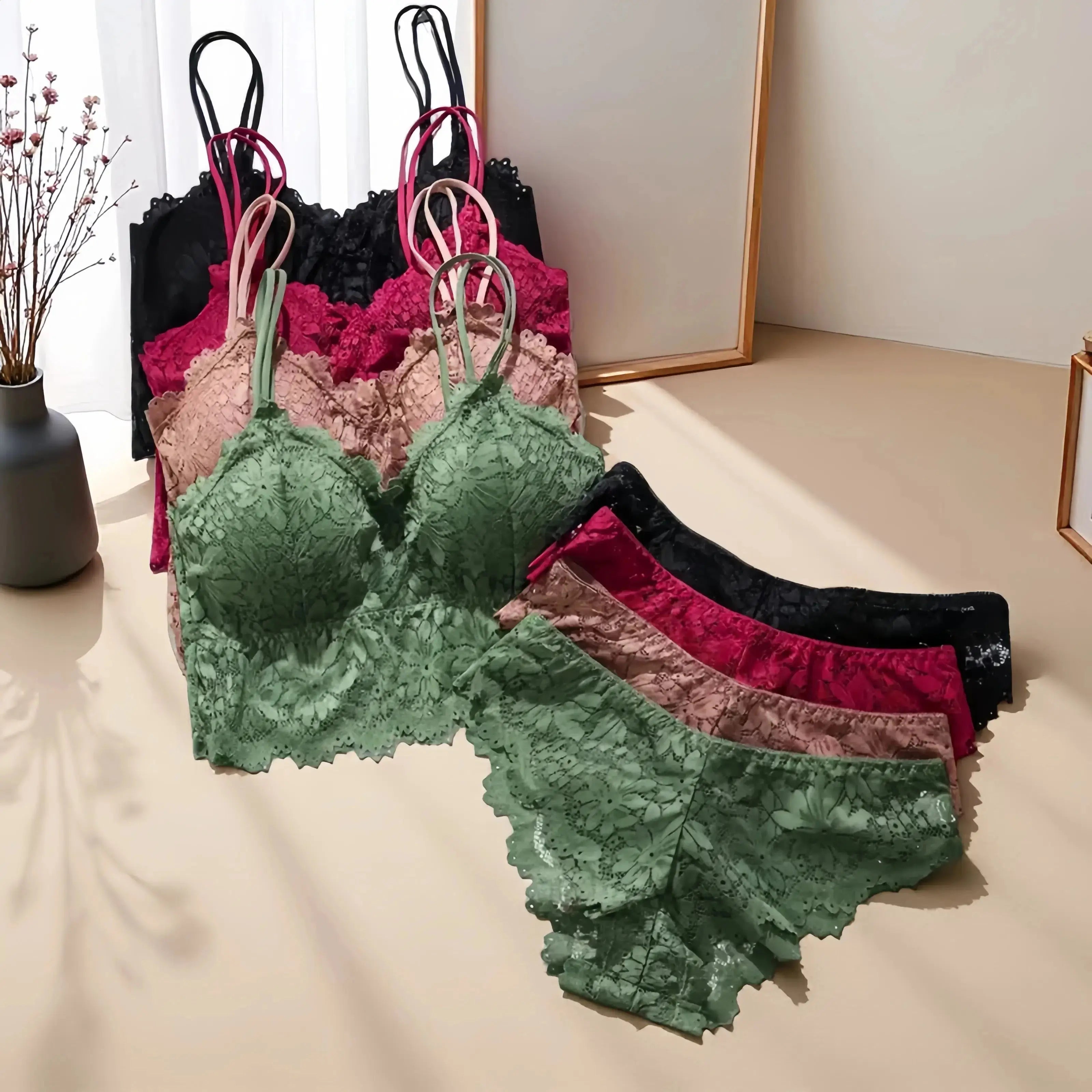 4-Pack Women's Lace Bra & Panty Set Breathable, Stretchy & Removable Bra Cups