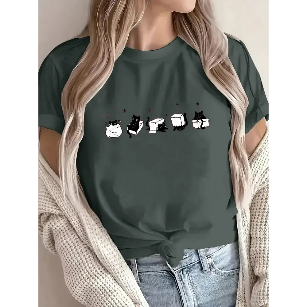 Five Mood Cats Oversized T-Shirt – Funny Cotton O-Neck Tee for Men & Women, Casual Summer Cat Lover Top