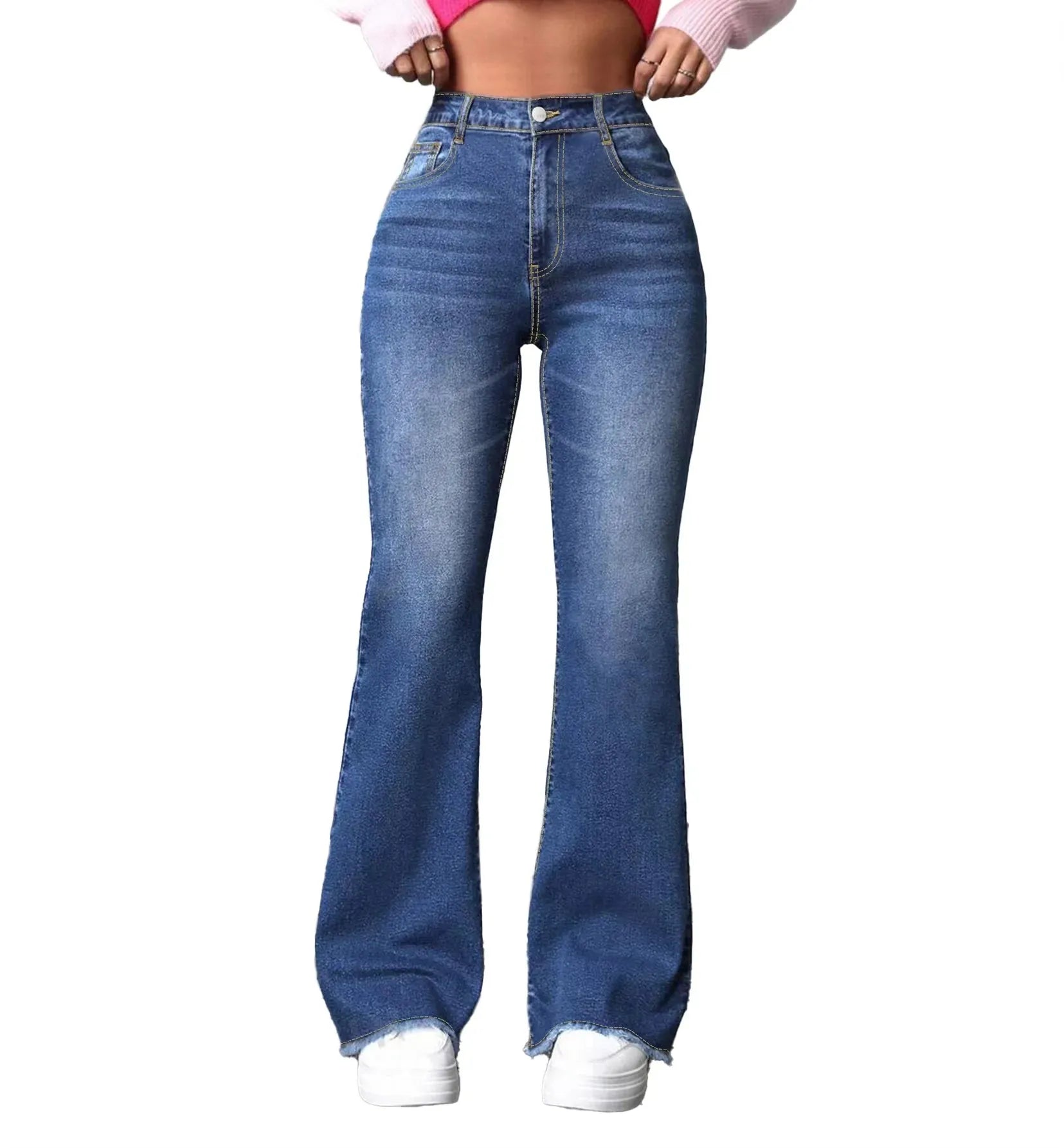 Women High Stretch Flared Jeans with Tassel Hem and Wide Leg