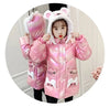 Girl wearing pink bear hooded down jacket, front view