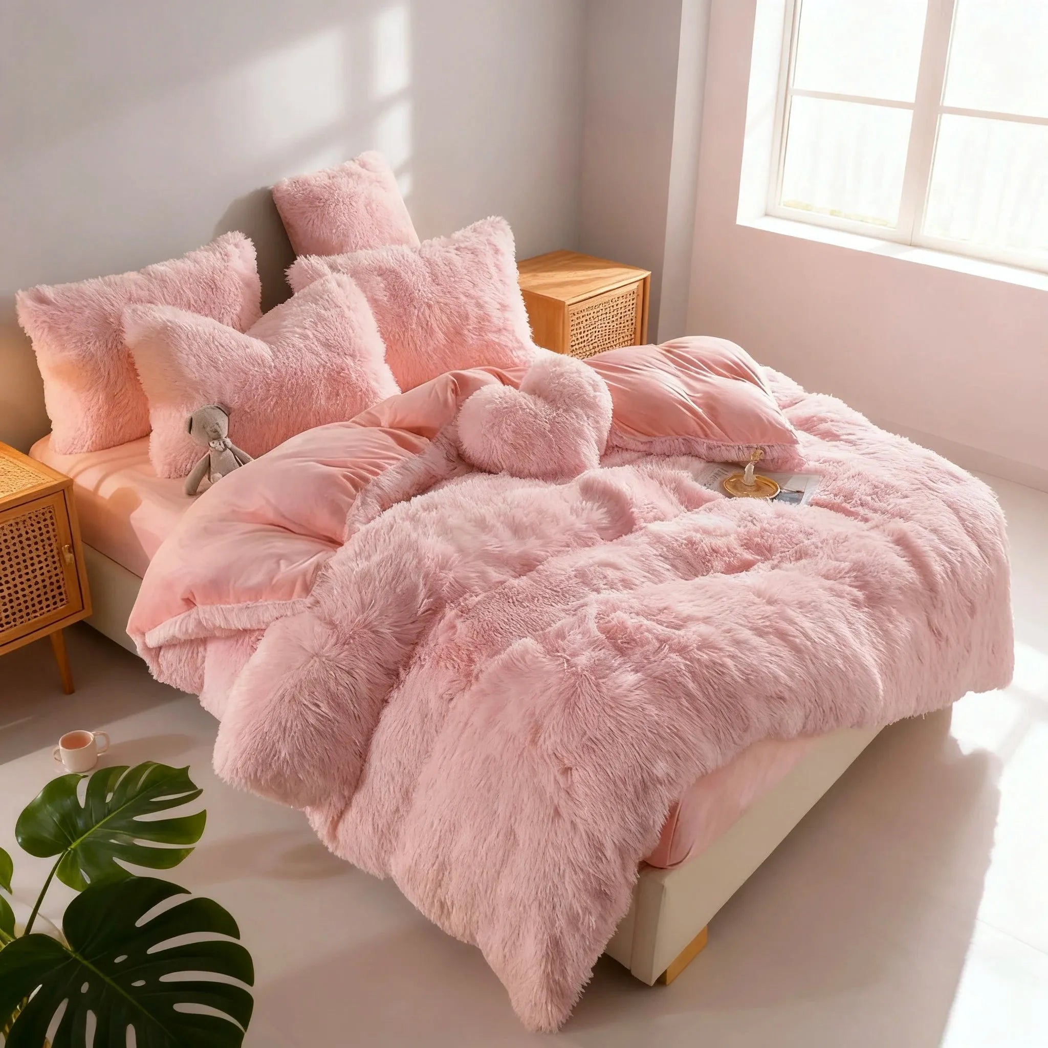 Pink Plush Heart Duvet Covers Set with Soft Warm Cloud Feel