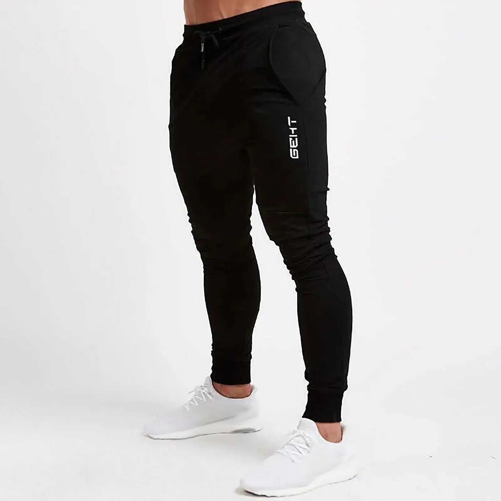 Black men’s athletic jogger sweatpants with slim fit and logo detail, designed for gym, running, or casual training in plus size.