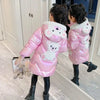 Back view of pink down jacket with bear design on girl