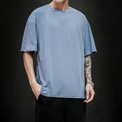 Men's casual blue T-shirt crafted with soft, breathable cotton.