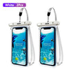 Two white waterproof phone cases with straps