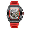 Onola black luxury watch with red strap and complex dial