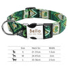 Green patterned nylon dog collar with size chart