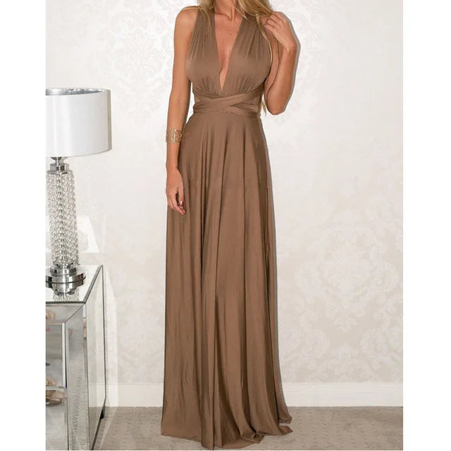 Brown deep V-neck long dress