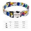 Colorful geometric nylon dog collar with size chart