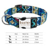 Blue patterned nylon dog collar with size chart