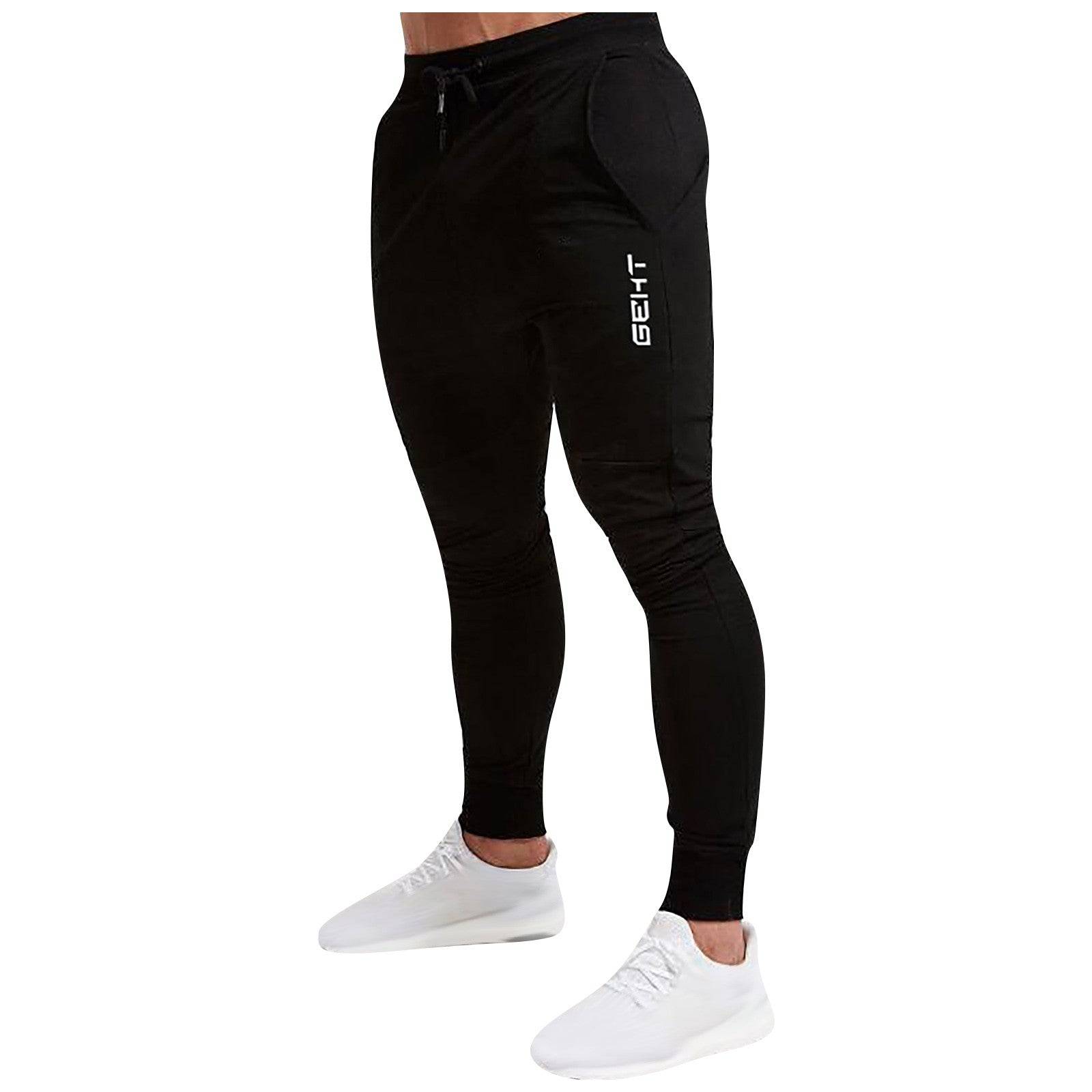 Black men’s athletic jogger sweatpants with pockets and logo print, plus size fit for gym, running, or casual activewear use.