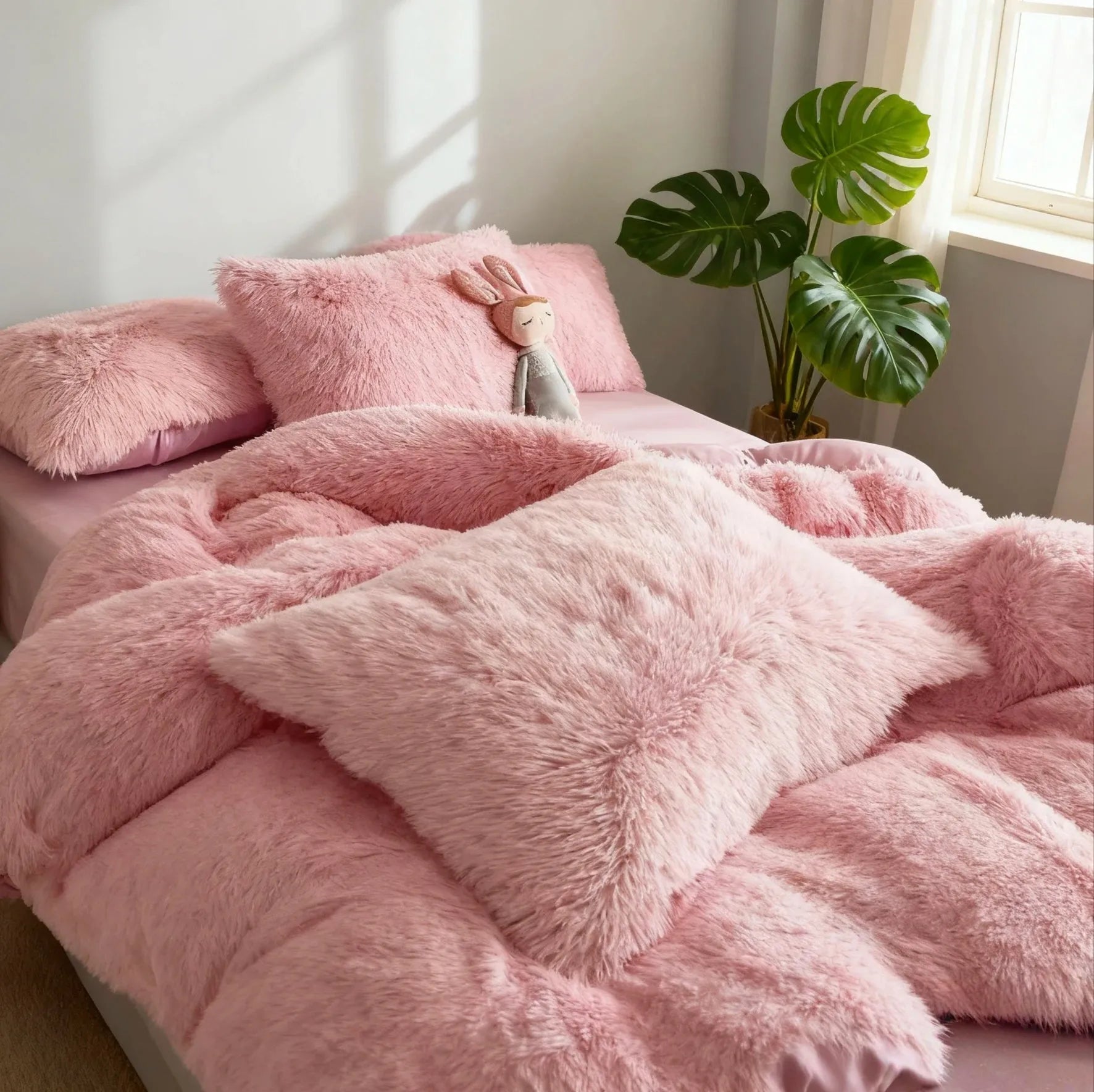 Pink Plush Heart Duvet Covers Set with Soft Warm Cloud Feel