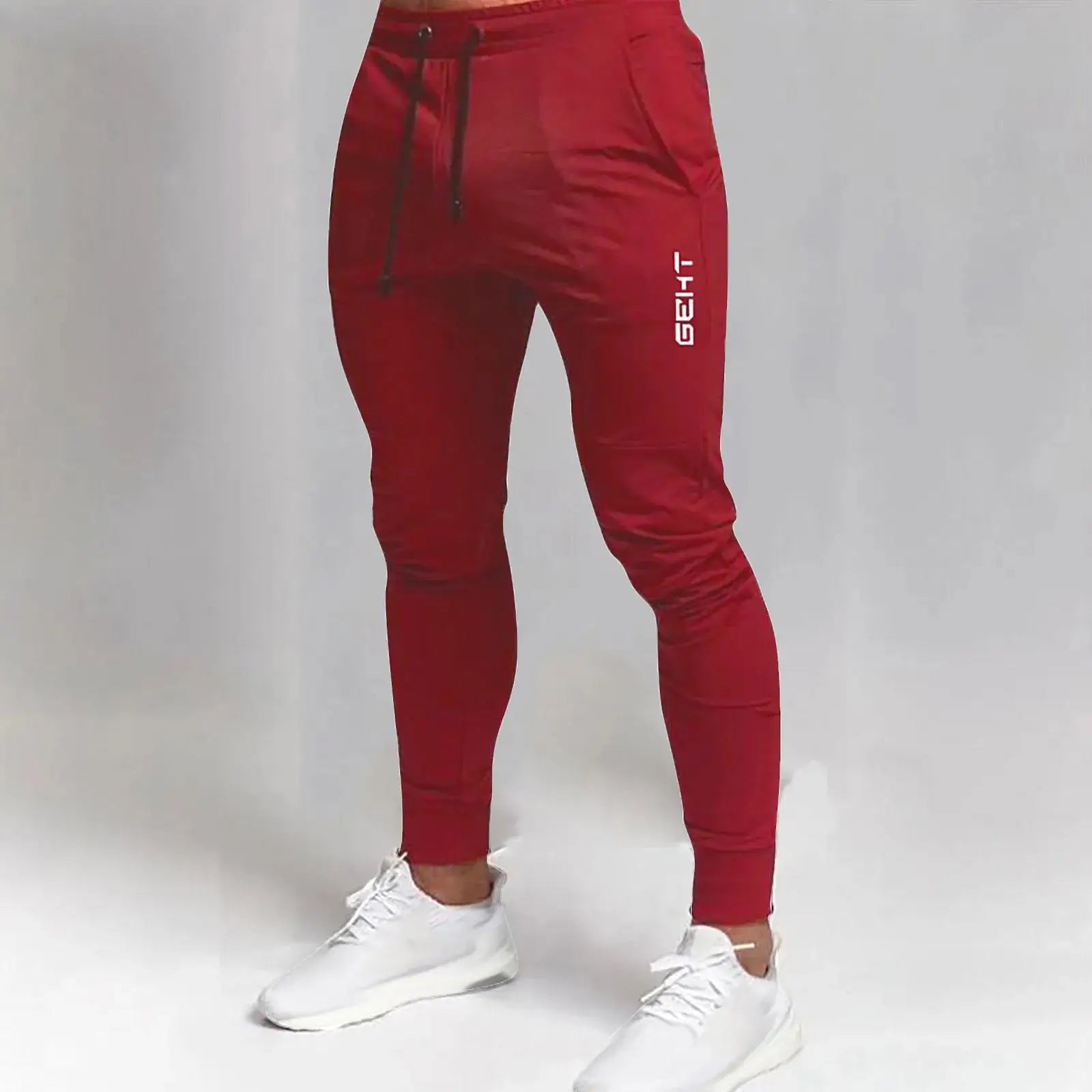 Red men’s athletic jogger sweatpants with drawstring waist and side pockets, plus size fit for gym, workout, or casual wear.