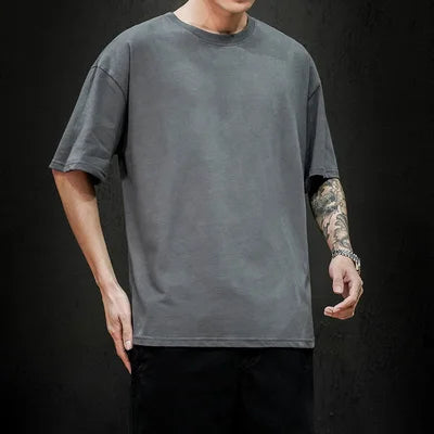 Men's casual gray T-shirt made from lightweight cotton fabric.