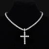 Silver hip hop cross pendant necklace on black display