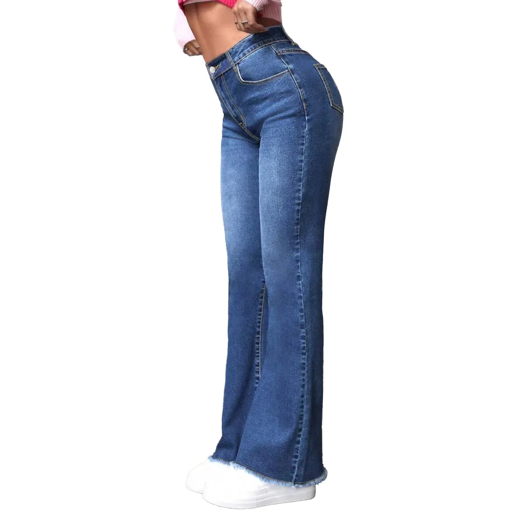 Women High Stretch Flared Jeans with Tassel Hem and Wide Leg