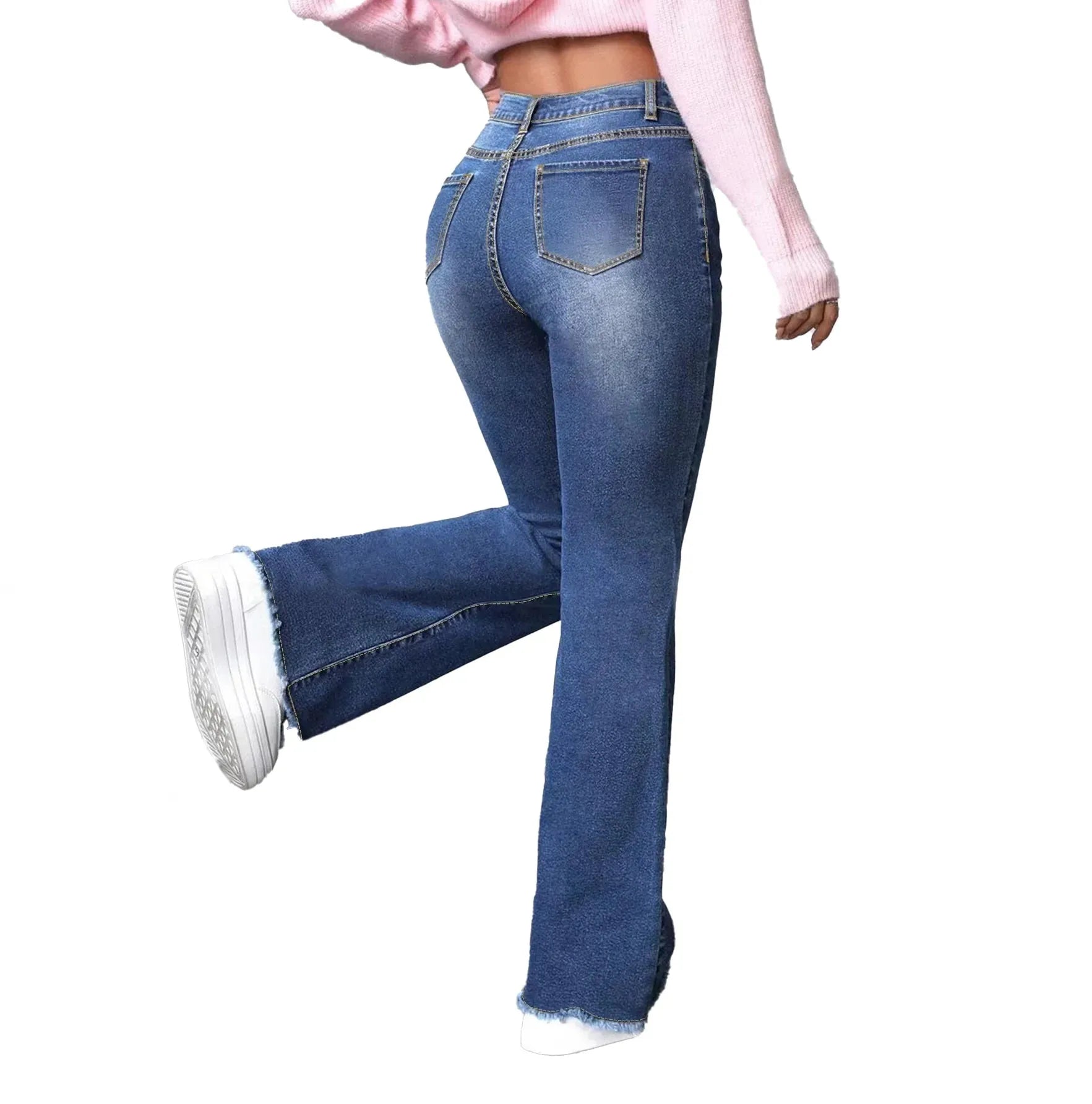 Women High Stretch Flared Jeans with Tassel Hem and Wide Leg