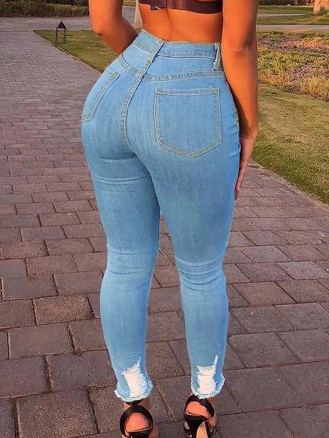 Women’s Skinny Jeans Mid Waist Washed Stretch Tassel Hem