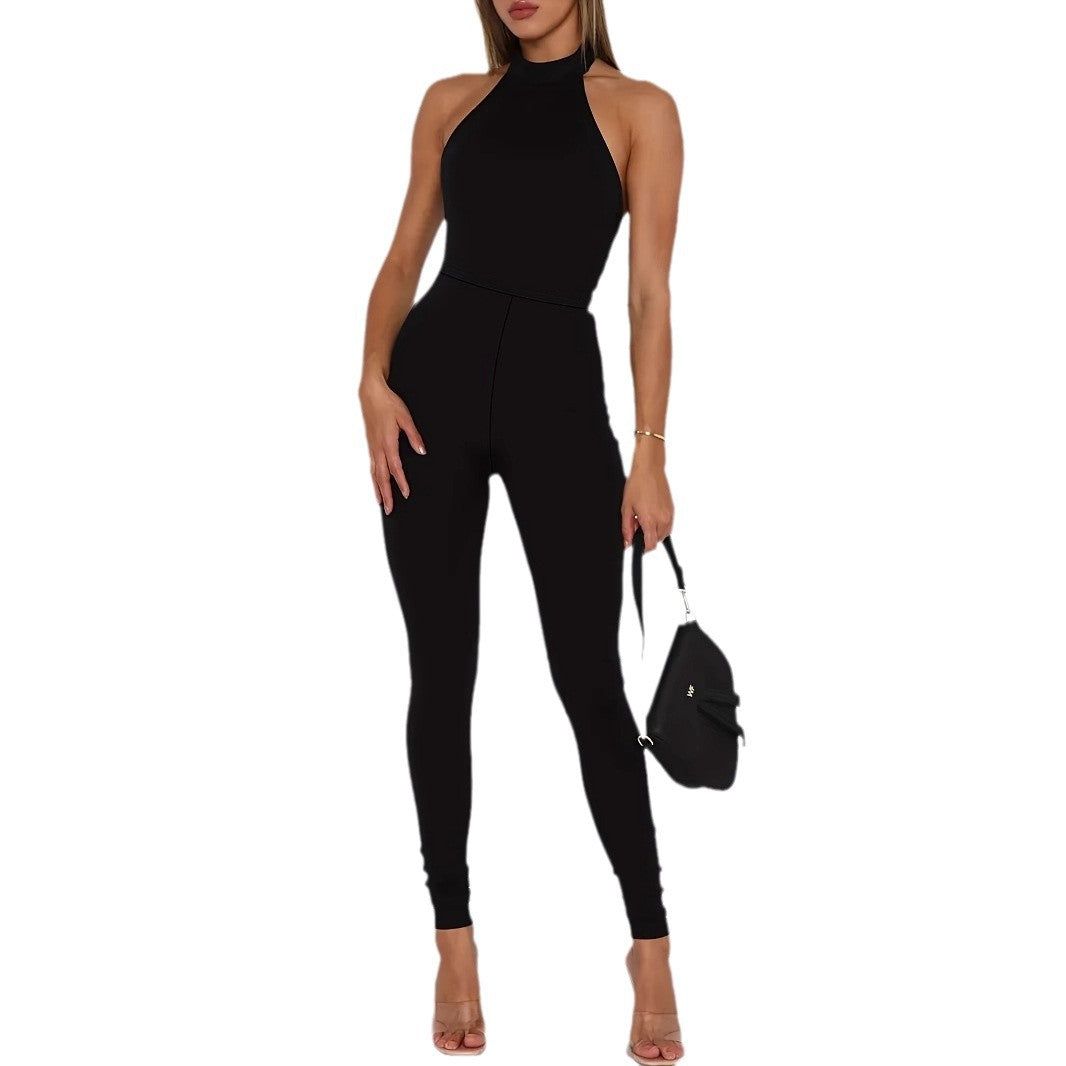 Women’s Halter Backless Slim-Fit Jumpsuit Sleeveless Polyester Tight Trousers Streetwear Style