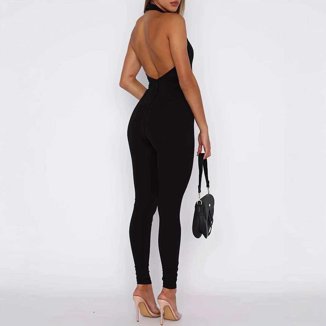 Women’s Halter Backless Slim-Fit Jumpsuit Sleeveless Polyester Tight Trousers Streetwear Style