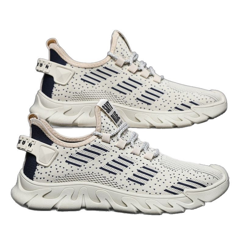 Side view of men's breathable and flexible running sneakers in beige with navy accents, featuring a soft cushioned sole for comfort.