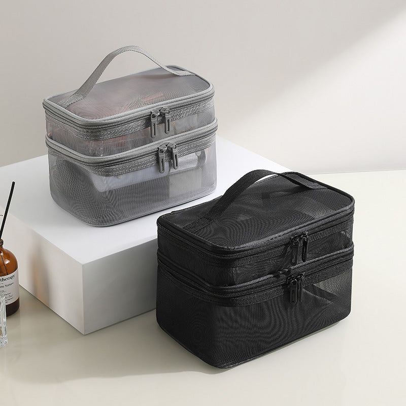 2pcs Travel Toiletry Bags Double Layer Mesh Yarn Portable Large Capacity Cosmetic Storage Organizer Black and Grey