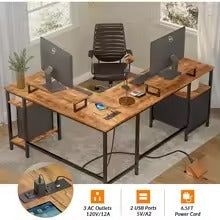 L Shaped Office Desk with Power Outlets Storage