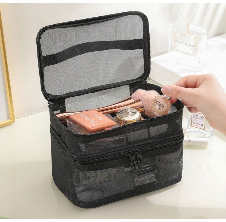 2pcs Travel Toiletry Bags Double Layer Mesh Yarn Portable Large Capacity Cosmetic Storage Organizer Black and Grey