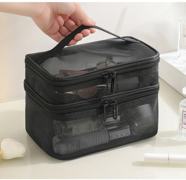 2pcs Travel Toiletry Bags Double Layer Mesh Yarn Portable Large Capacity Cosmetic Storage Organizer Black and Grey
