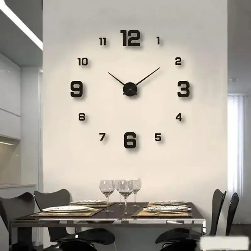 Frameless wall clock with bold black numbers, displayed in a modern dining room.