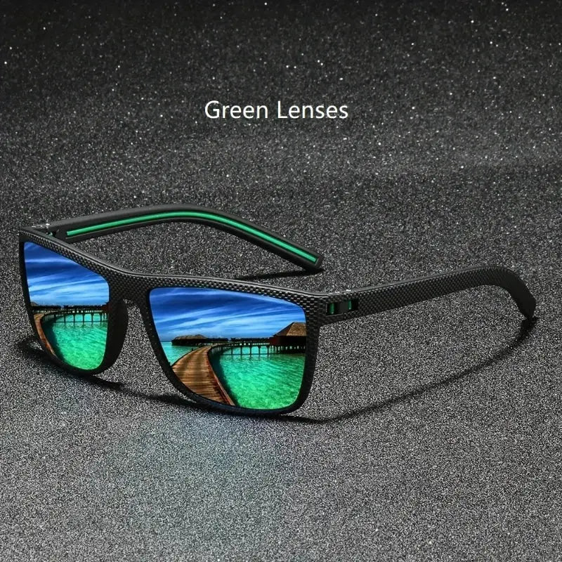 Green lens vintage square polarized sunglasses with UV400 protection, featuring a vivid tropical boardwalk reflection for outdoor fashion.
