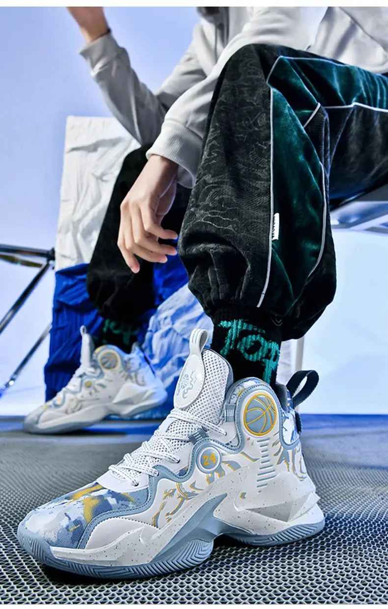 Indoor lifestyle shot of men's graffiti basketball sneakers in blue, styled with joggers and highlighting breathable mesh upper.