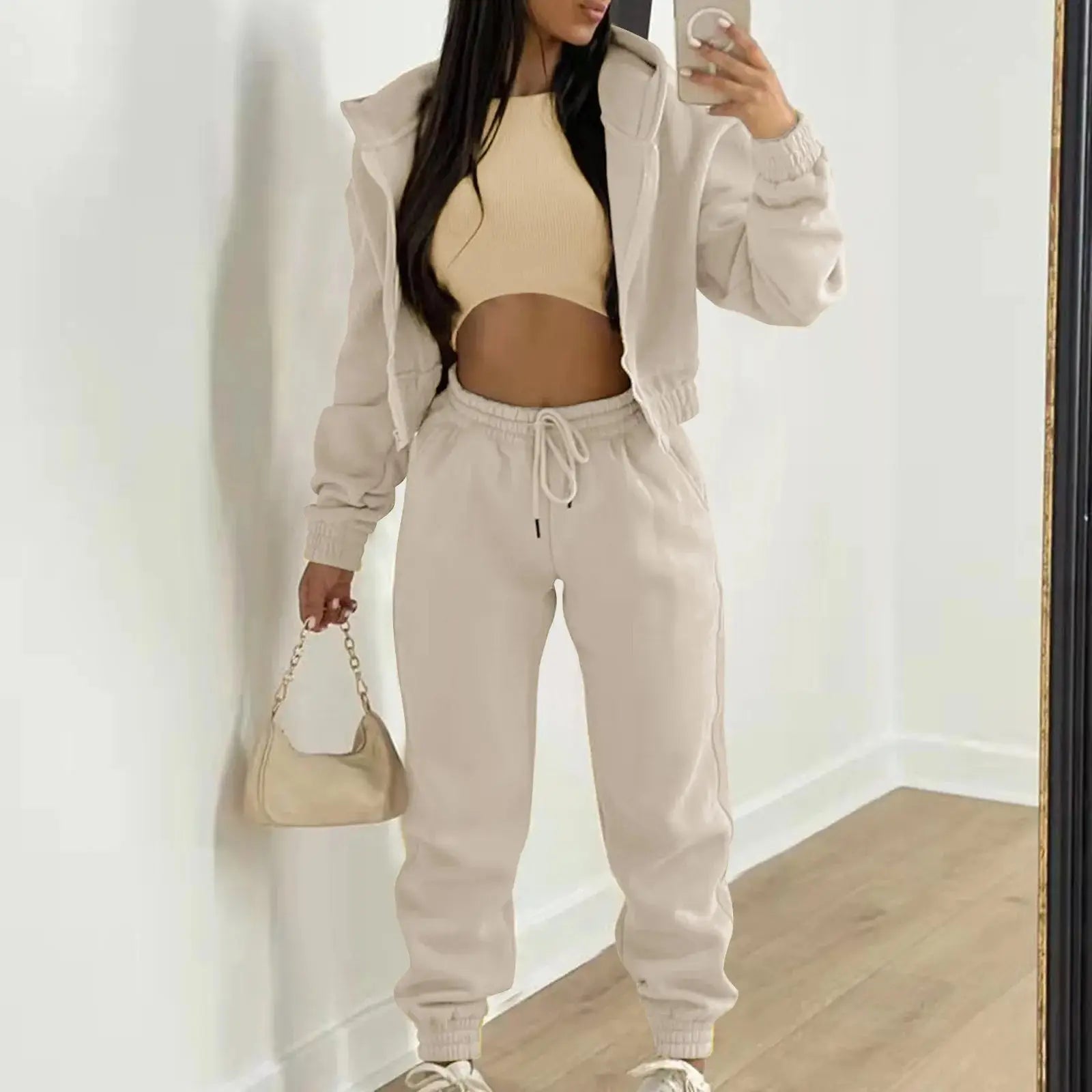 Women's Autumn Winter Casual Tracksuit Set with Vest Top, Zipper Jacket and Loose Pants, Available in Plus Sizes