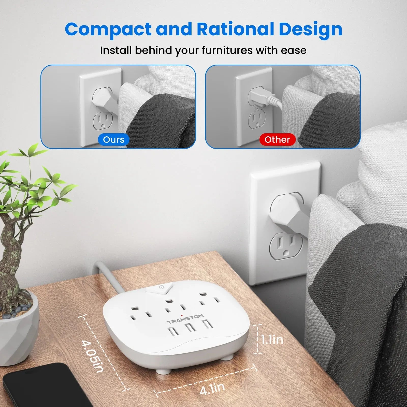 Power Strip Surge Protected With Switch USB Ports 5ft Cord