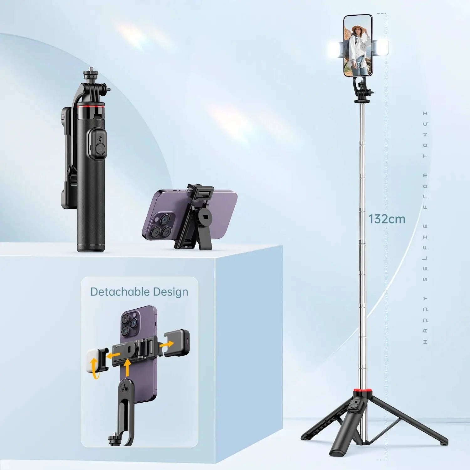 Bluetooth Selfie Stick Tripod with Detachable Long Handle extends to 132cm, includes phone holder and stable tripod base for hands-free shooting.