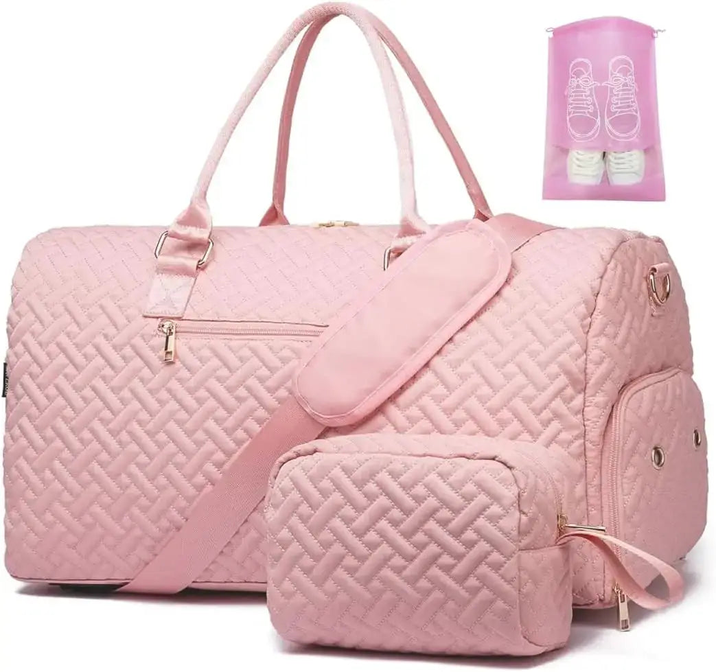 Women's travel duffle bag with shoe compartment and toiletry pouch, ideal for weekend trips or carry-on use