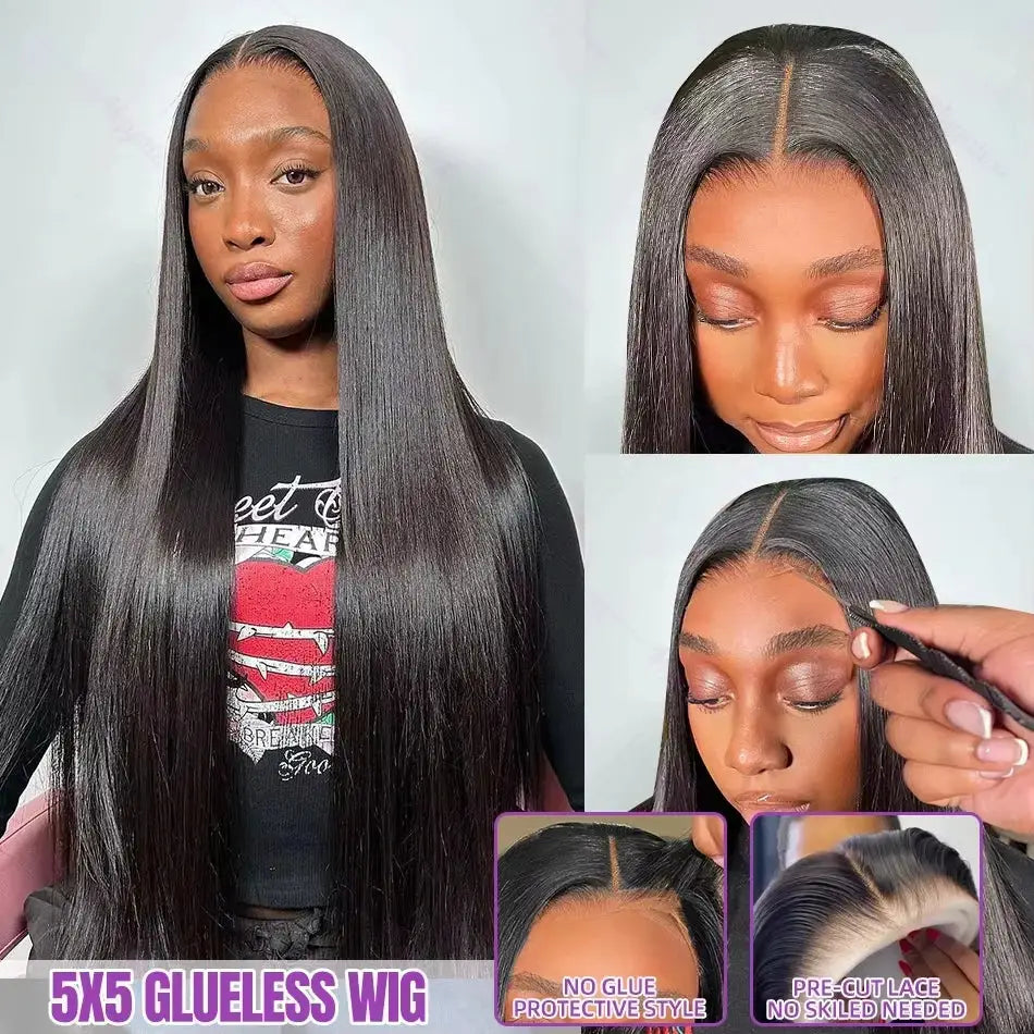 Glueless Brazilian Human Hair Wig Bone Straight with HD Transparent Lace 4x4, 5x5, 13x4 & 13x6 Lace Front Options in Natural Black