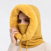 Yellow women's winter fur hat with hood