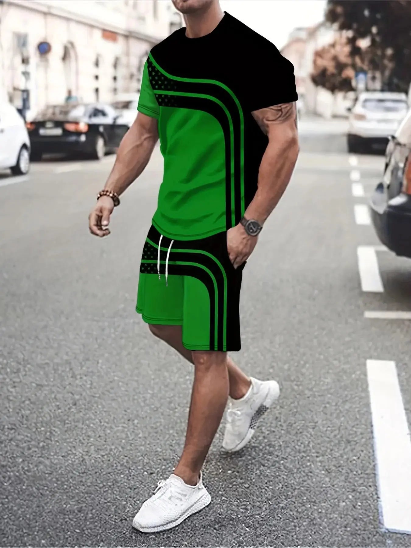 Men's 2-piece summer outfit with short-sleeve round neck shirt and shorts in green and black, featuring 3D digital print, ideal for casual wear.