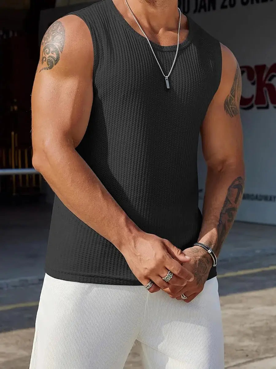 Men’s Ribbed Knit Tank Top Solid Color Sleeveless Shirt for Workout, Bodybuilding & Streetwear