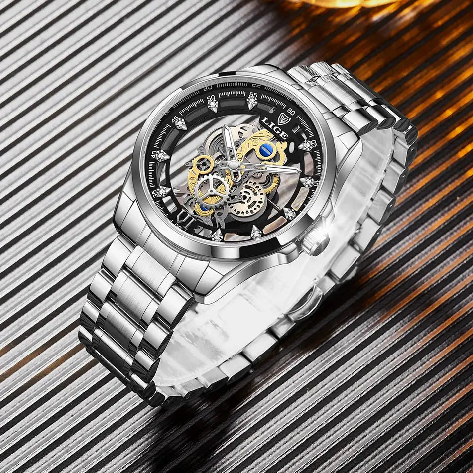 Men’s Skeleton  Watch Luxury Design Quartz Movement Waterproof Gift Box Included