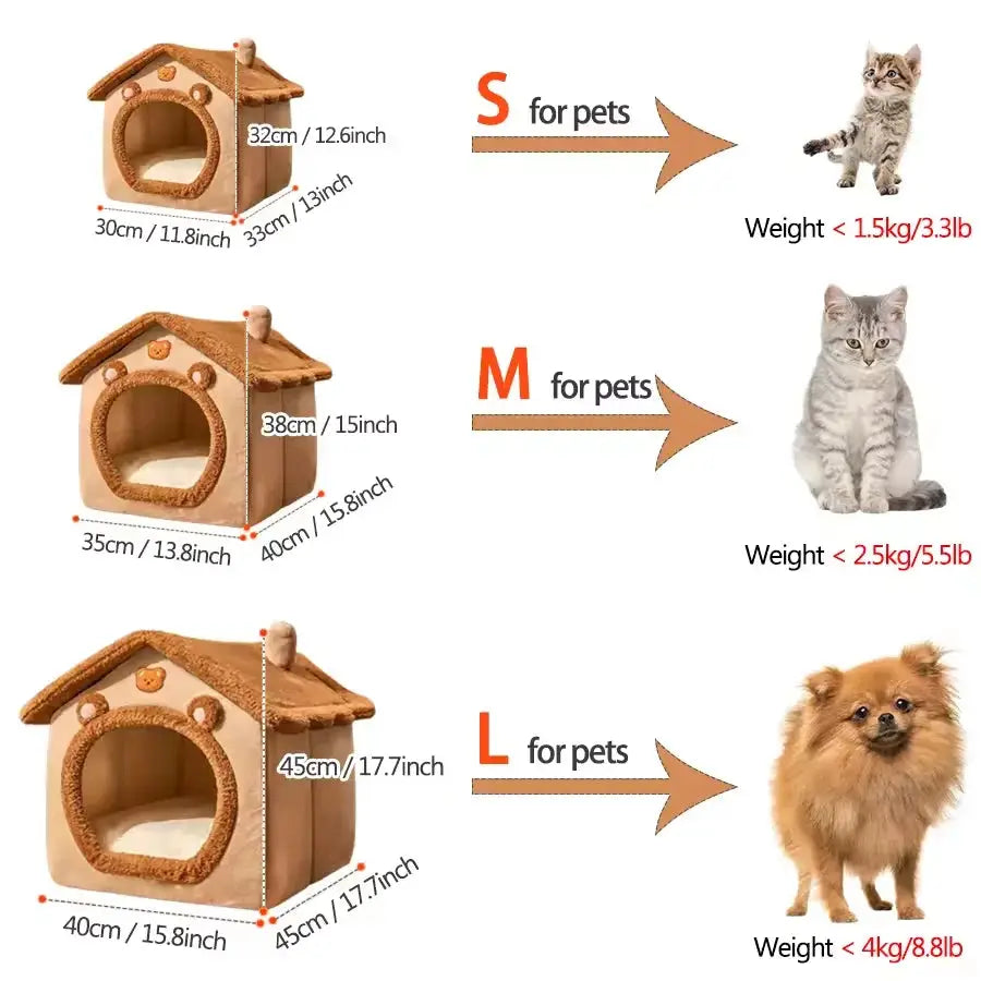 Size chart for foldable pet bed house showing S, M, and L options for cats and small dogs with weight guidelines