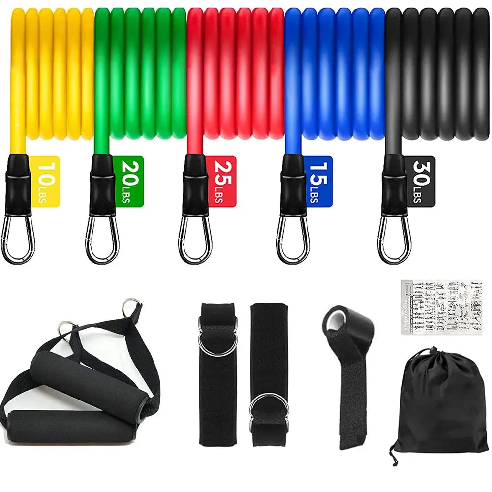 11-piece resistance band set with color-coded elastic bands, handles, ankle straps, door anchor, and carry bag for home gym strength training.