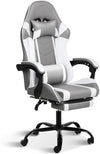 Gray and white ergonomic gaming chair with footrest