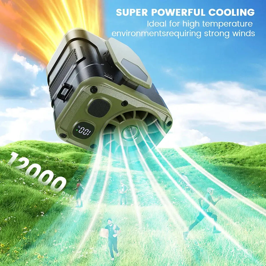 10000mAh Portable Waist Fan with Power Bank – 5-Speed Hanging Neck Cooling Fan with LED Light for Outdoor Work