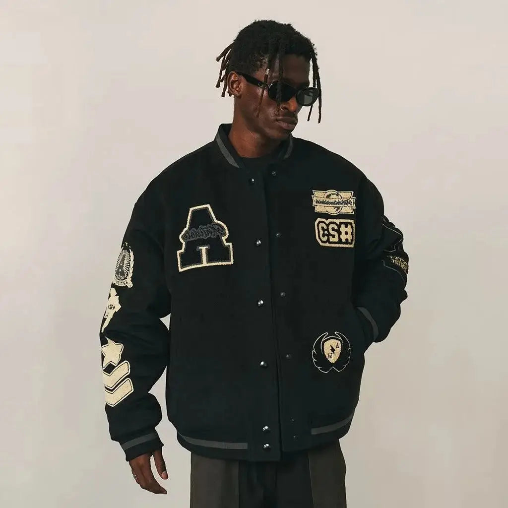 Mens Vintage Bomber Jacket Flocked Embroidery Stand Collar Loose High Street Spring Coat