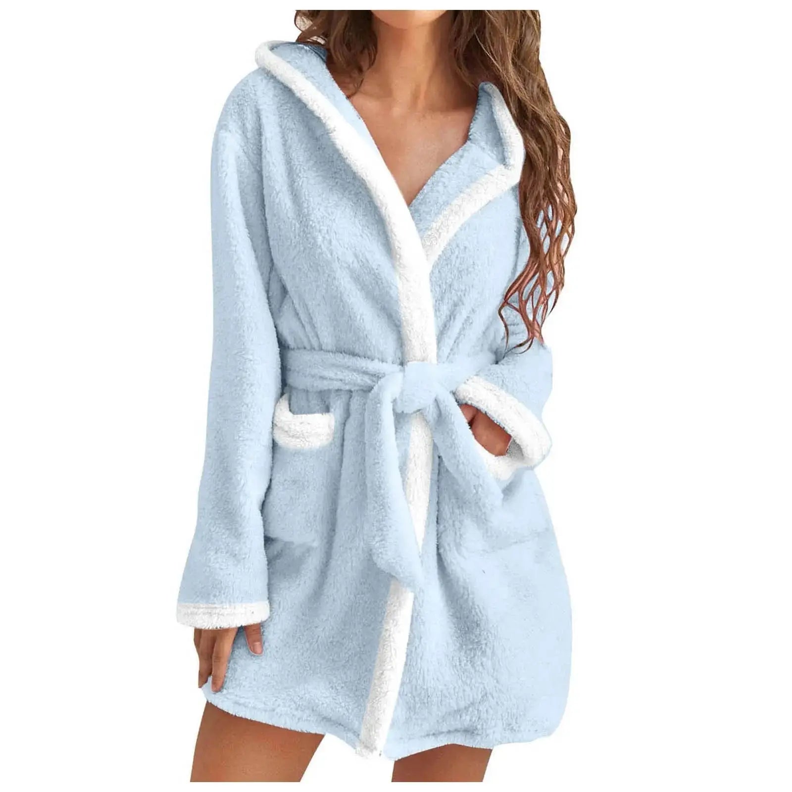 Women's fleece winter robe with hood, soft belted mini bathrobe with side pockets, ideal for lounging or bedtime